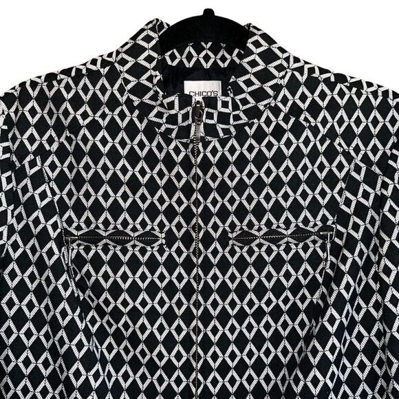 Chicos Jacket Womens Size 1 (US M/8) Black White Print Lined Full Zip Pockets - Picture 2 of 14